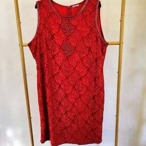 Gunit Vintage Red Beaded Floral Lace Sleeveless Cocktail Dress Size 1X